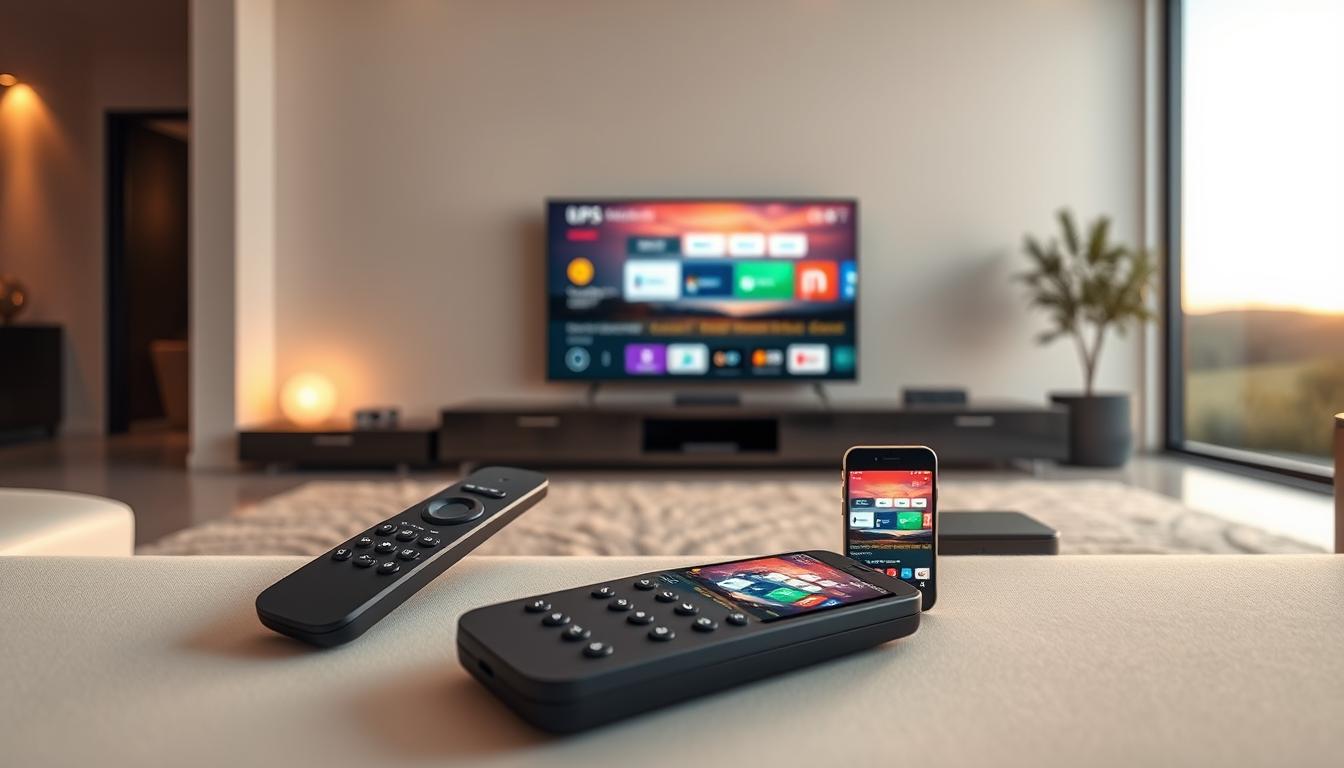A seamless multi-device IPTV viewing experience. An elegant living room with a large TV screen displaying a streaming service interface. In the foreground, a sleek modern remote control and a mobile device showcasing the same IPTV app. Behind them, a minimalist entertainment unit with additional streaming devices. Warm, diffused lighting creates a cozy ambiance, while large windows offer a glimpse of a tranquil outdoor landscape. The scene conveys the convenience and flexibility of an IPTV service, allowing users to enjoy content across various devices in their connected home.
