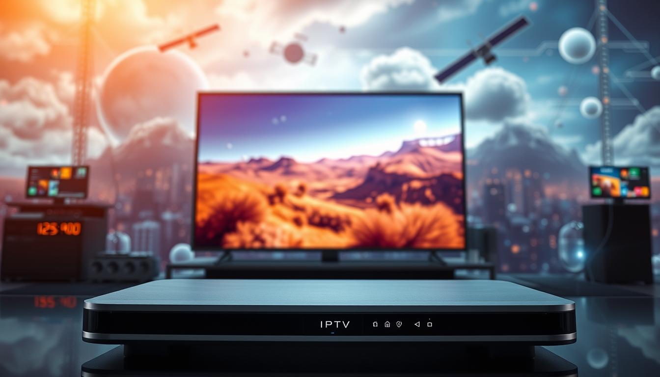 A high-resolution, photorealistic image of IPTV technology. In the foreground, a sleek, modern IPTV set-top box with clean lines and a minimalist design, showcasing the latest hardware and connectivity options. In the middle ground, a vibrant, high-definition display showing live television programming, with a crisp, clear picture and vivid colors. In the background, a seamless blend of digital networks, cloud infrastructure, and satellite technology, representing the complex system that powers IPTV. The scene is lit with a warm, soft light, creating a sense of sophistication and technological advancement. The overall composition conveys the idea of IPTV as a cutting-edge, user-friendly solution for delivering live television content to smart devices.
