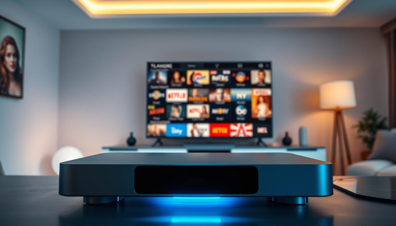 A pristine, ultra-high-definition image of the best IPTV service. In the foreground, a sleek, modern media streaming device with a clean, minimalist design, casting a soft glow. In the middle ground, an array of streaming channels and content options displayed on a high-quality display panel, showcasing the wide variety of entertainment available. In the background, a serene, peaceful living room setting with warm, diffused lighting, creating a cozy and inviting atmosphere. The entire scene conveys a sense of effortless accessibility, reliable performance, and boundless entertainment options, perfectly capturing the benefits of a lifetime IPTV subscription.