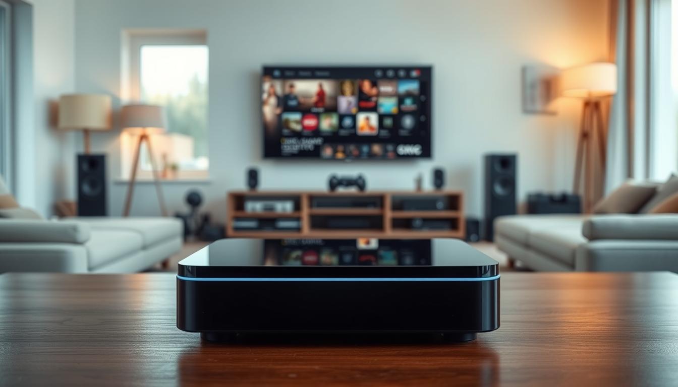 A sleek, modern IPTV box sits prominently in the foreground, its clean lines and glossy black exterior reflecting the warm ambient lighting of the living room scene. In the middle ground, various entertainment devices like a smart TV, gaming console, and sound system are seamlessly integrated, showcasing the box's versatility and ability to connect to a wide range of media sources. The background features a cozy, minimalist home interior with large windows allowing natural light to filter in, creating a welcoming and comfortable atmosphere. The overall image conveys the benefits of an IPTV box - its streamlined design, comprehensive connectivity, and the enhanced entertainment experience it provides within a well-appointed living space.