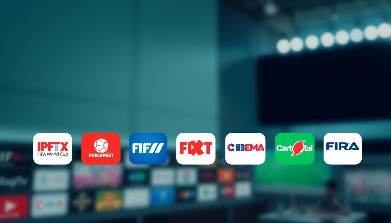 A high-quality, cinematic image of various IPTV service providers displayed prominently against a blurred, out-of-focus background. The providers should be represented by their distinct logos, emphasizing the diversity of options available for watching the FIFA World Cup. The image should have a clean, professional aesthetic with a cool, neutral color palette and subtle lighting from the side, creating depth and dimension. The overall composition should guide the viewer's eye towards the IPTV providers, conveying a sense of reliability, quality, and convenience for accessing the World Cup matches.