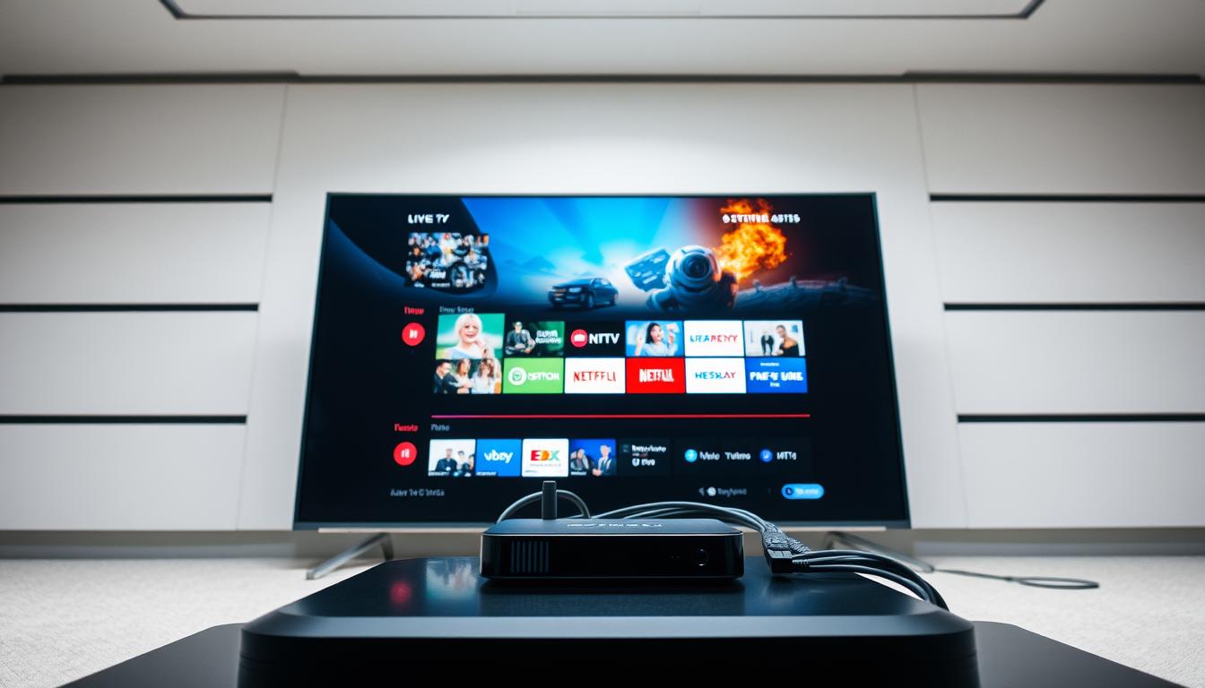 A wide-angle shot of an IPTV service in action. In the foreground, a sleek, modern TV displays a vibrant, high-definition streaming interface, showcasing a variety of live TV channels and on-demand content. In the middle ground, a set-top box or streaming device sits prominently, surrounded by cables and connections, representing the technological infrastructure that powers the IPTV experience. The background features a minimalist, futuristic setting, with clean lines and neutral tones, emphasizing the advanced, cutting-edge nature of IPTV technology. The lighting is soft and even, creating a sense of sophistication and professionalism, while the overall composition highlights the seamless integration of hardware and software in the IPTV ecosystem.