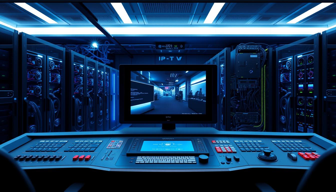 A high-tech control panel with a sleek, futuristic design, showcasing the inner workings of IPTV technology. The foreground features a central display with a live video feed, surrounded by a array of buttons, sliders, and touchscreen interfaces. The middle ground depicts a complex network of cables, servers, and modems, illustrating the infrastructure that powers IPTV. The background is a dimly lit server room, with subtle blue and green lighting creating a sophisticated, high-tech ambiance. The overall scene conveys the advanced, cutting-edge nature of IPTV, highlighting its technical complexity and the seamless integration of hardware and software that enables the delivery of exceptional entertainment experiences.