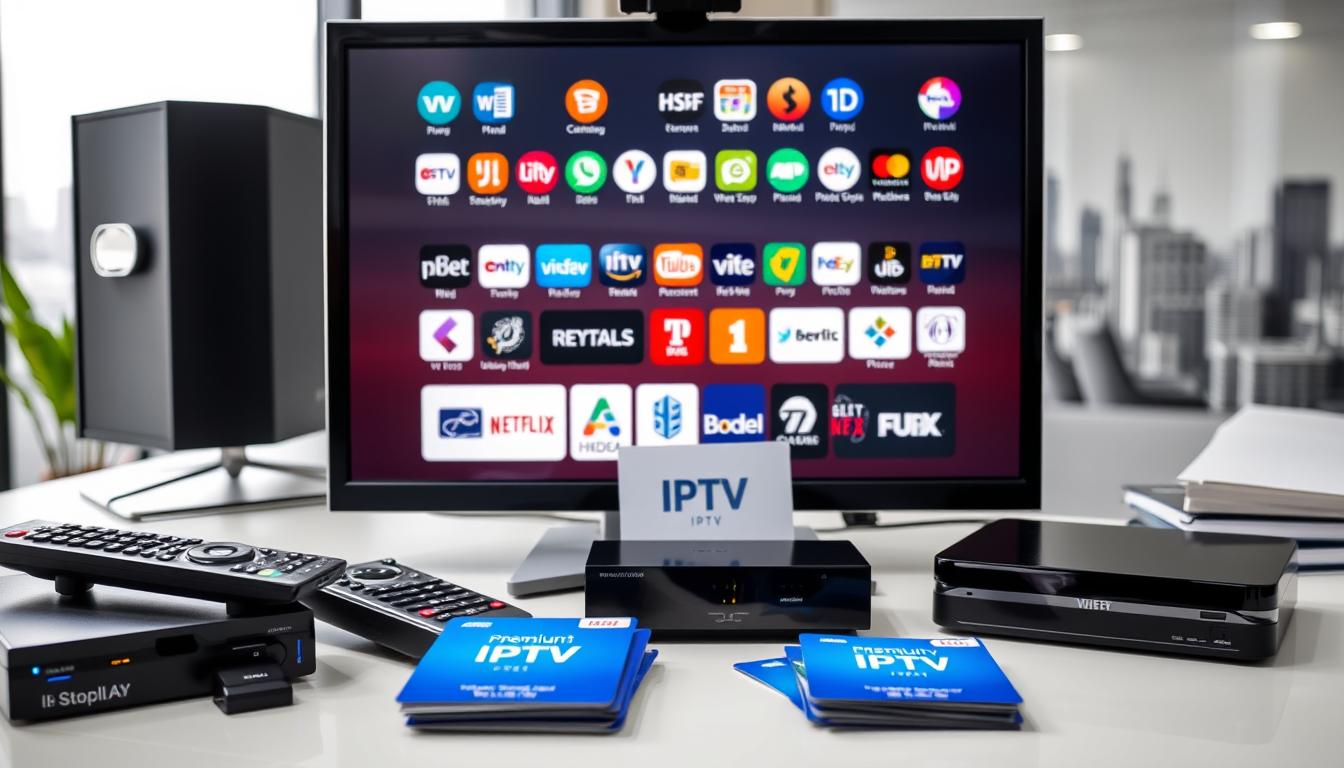 A stylish and modern office desk setup, featuring an array of IPTV service icons and logos prominently displayed on a sleek computer monitor. The foreground showcases a variety of remote controls, streaming devices, and premium IPTV subscription cards, neatly arranged to highlight the key features and benefits of a high-quality IPTV service. The middle ground depicts a minimalist workspace with a clean, well-lit environment, conveying a sense of professionalism and attention to detail. The background features a blurred cityscape, suggesting the global reach and accessibility of the IPTV services. The overall composition exudes a sense of technological sophistication and the promise of uninterrupted, premium streaming experiences.
