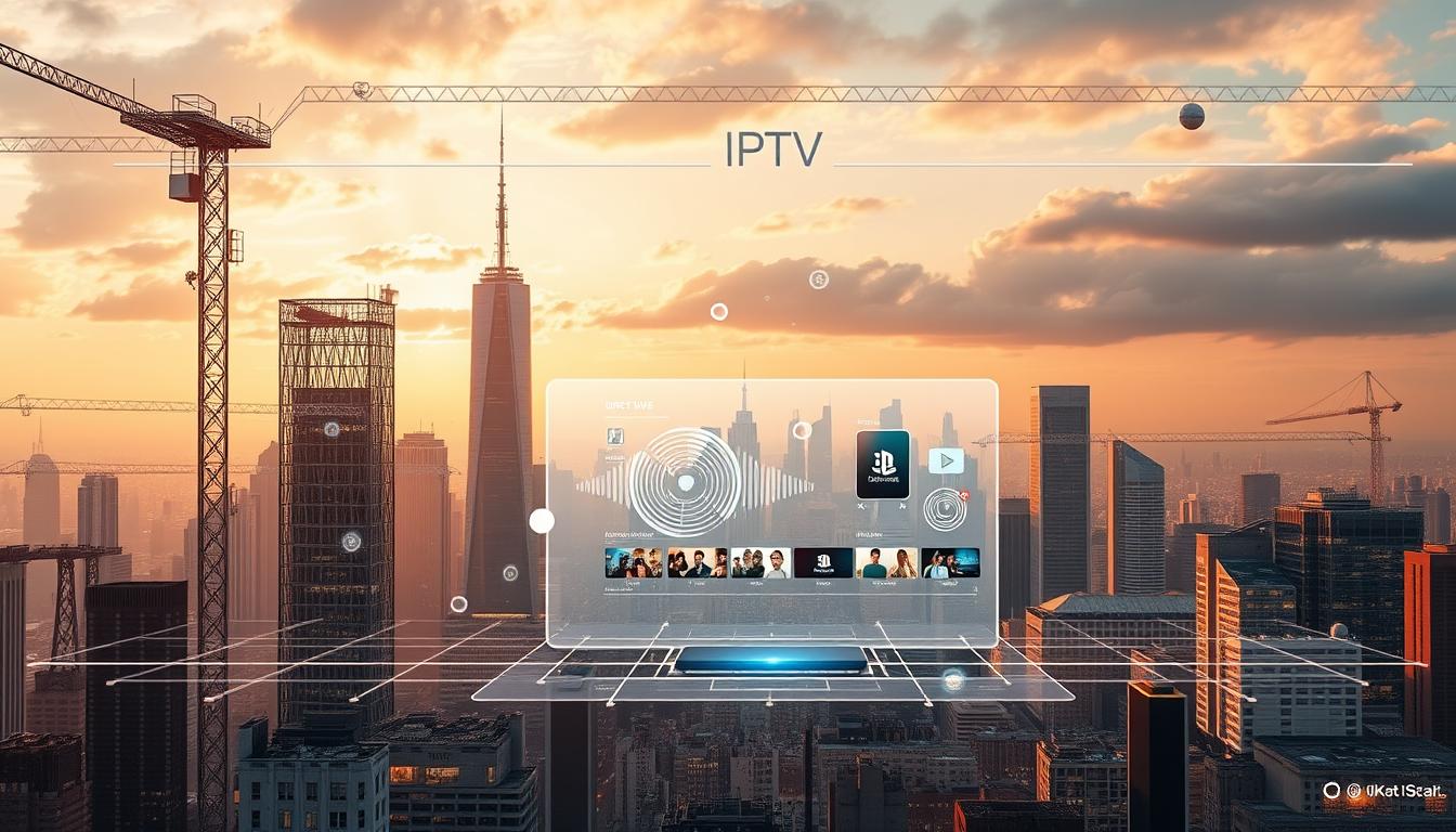 Intricate IPTV network architecture with data servers, broadcast towers, and streaming devices. A sleek, futuristic cityscape with towering skyscrapers in the background, bathed in warm, golden lighting. In the foreground, a holographic display showcases live TV channels, on-demand content, and personalized recommendations. Elegant, minimalist UI elements float above the scene, hinting at the seamless, high-tech viewing experience. The overall mood is one of innovation, connectivity, and the evolution of modern television.