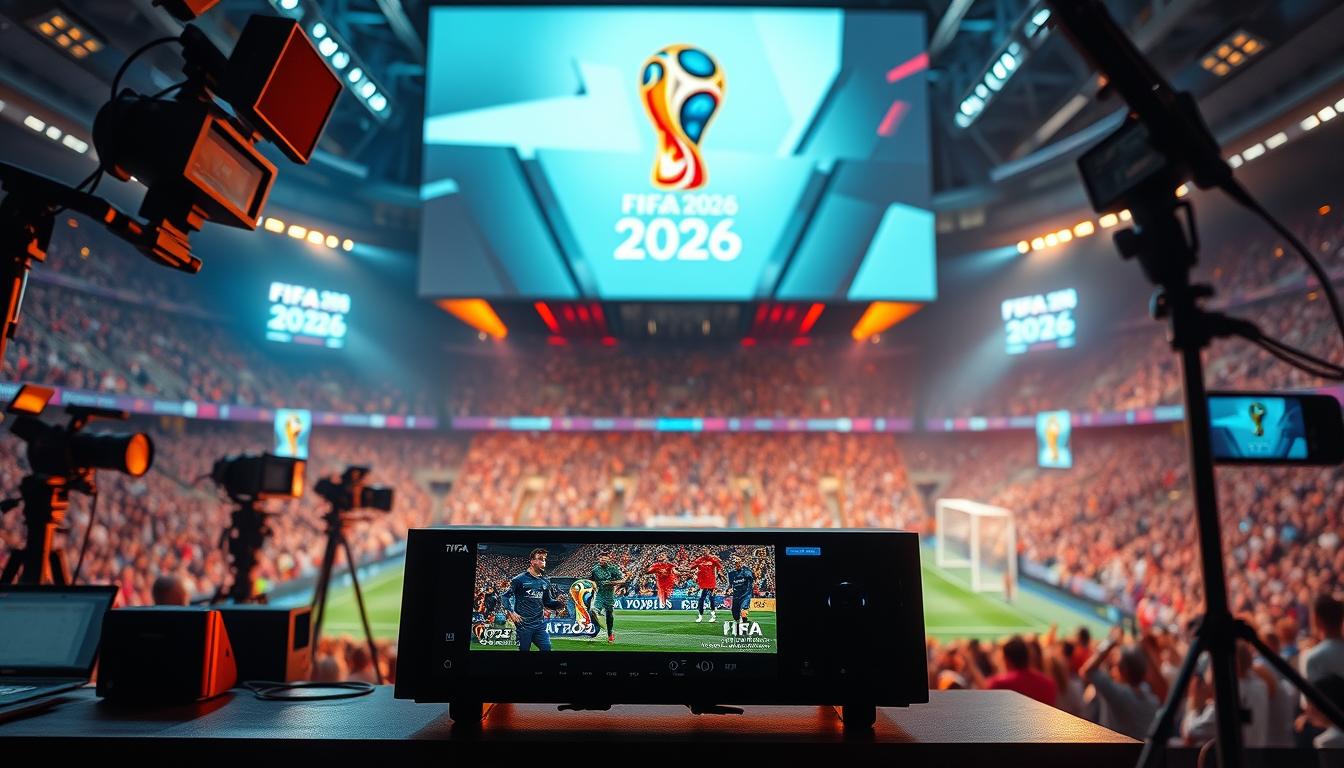 Crisp, high-resolution image of the FIFA 2026 IPTV coverage. In the foreground, a sleek streaming device with a modern user interface displaying live match footage. Surrounding it, various sports broadcasting equipment like cameras, microphones, and control panels. In the middle ground, a large projection screen showcasing the FIFA 2026 logo and branding. The background features a dynamic, energy-filled sports arena with cheering fans in the stands. Lighting is vivid and cinematic, with sharp contrasts and warm tones. The overall composition conveys the immersive, high-tech experience of IPTV coverage for the FIFA 2026 World Cup.