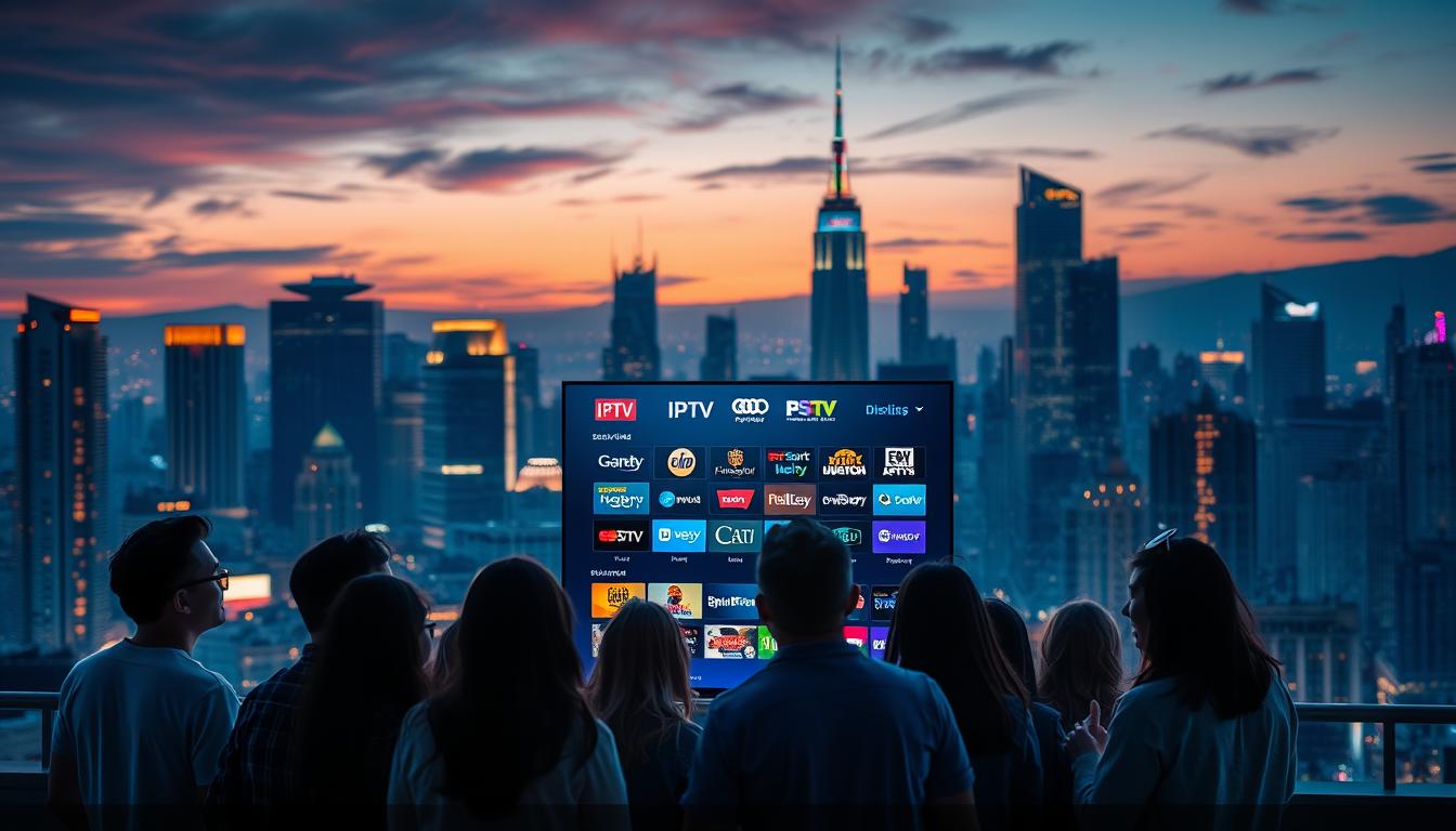 A vibrant cityscape at dusk, with the silhouettes of high-rise buildings and the glow of neon IPTV service logos illuminating the skyline. In the foreground, a group of people gathered around a TV displaying a range of IPTV service options, their expressions reflecting the excitement and convenience of accessing a diverse array of content. The scene is bathed in a warm, cinematic lighting, creating a sense of modernity and technological advancement. The composition emphasizes the integration of IPTV services into the fabric of urban life, capturing the essence of the "IPTV Subscription USA" experience.