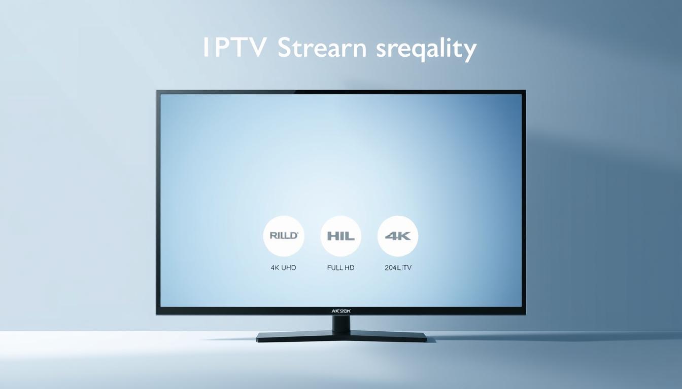 A modern, minimalist illustration showcasing the IPTV streaming quality options. In the foreground, a sleek 4K UHD television displaying a crisp, high-definition video feed. In the middle ground, various quality icons - HD, Full HD, 4K - presented in a clean, infographic-style layout. The background features a subtle gradient, suggesting the digital nature of IPTV streaming. Lighting is soft and diffused, creating a sense of clarity and professionalism. The overall mood is one of technology, innovation, and user-friendly information presentation.