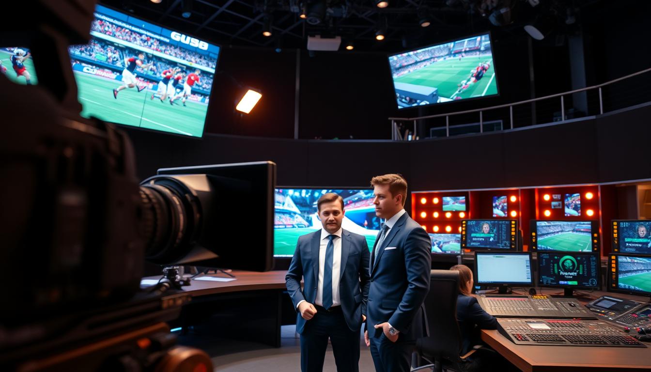 A modern, high-tech IPTV studio with sports broadcasting equipment. In the foreground, a camera operator filming the action, their face obscured by the viewfinder. In the middle ground, a presenter in a sharp suit standing in front of a large LED video wall displaying live sports footage. The background features a control room with technicians monitoring multiple screens and mixing consoles, bathed in the warm glow of indicator lights. The atmosphere is professional, energetic, and immersive, conveying the excitement and dynamism of IPTV sports broadcasting.