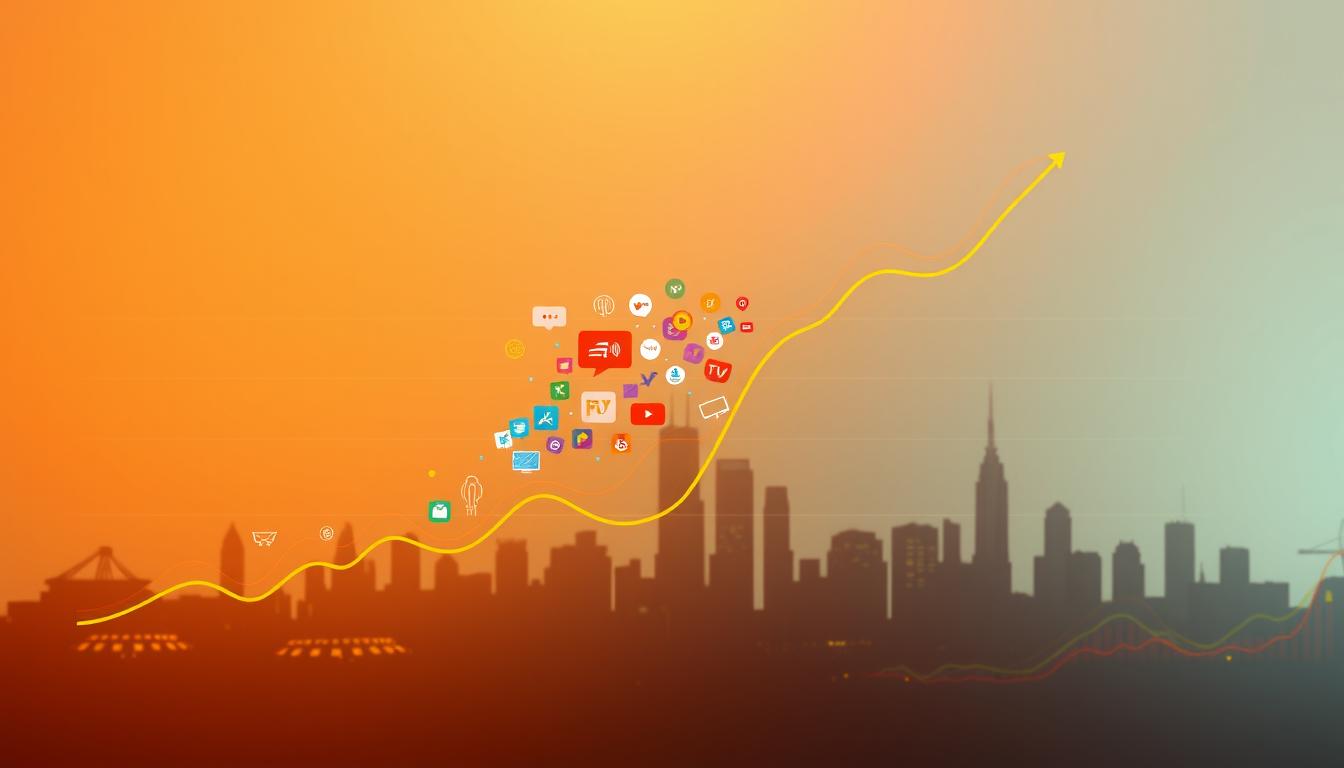 A dynamic data visualization depicting the exponential growth of IPTV services in the United States. In the foreground, a vibrant line graph illustrates the sharp rise in IPTV subscriptions over the past decade, with distinct spikes and trajectories. In the middle ground, a cluster of colorful icons and symbols representing various IPTV providers, streaming platforms, and content types. In the background, a crisp, minimalist cityscape silhouette, symbolizing the ubiquity of IPTV in urban centers. The scene is illuminated by a warm, golden lighting, creating a sense of optimism and progress. The overall composition conveys the scale, momentum, and transformative impact of the IPTV industry in the US.
