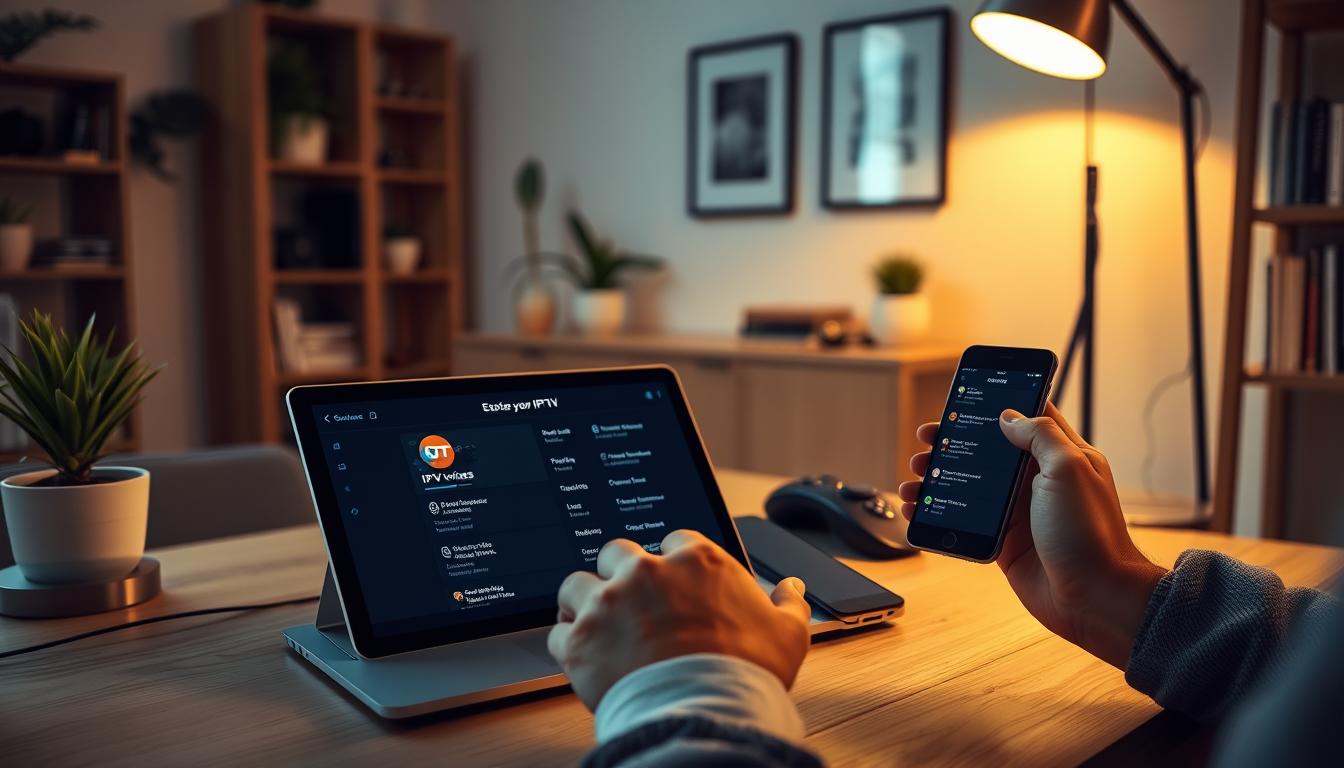 A modern home office setting with a laptop, tablet, and smartphone on a wooden desk. Warm lighting from a floor lamp illuminates the scene, casting soft shadows. In the foreground, a person's hands are evaluating and comparing different IPTV service options on the devices. The background features minimalist decor with potted plants, framed art, and a bookshelf, creating a cozy, productive atmosphere. The image conveys the idea of researching and assessing affordable IPTV services in a comfortable, well-designed workspace.