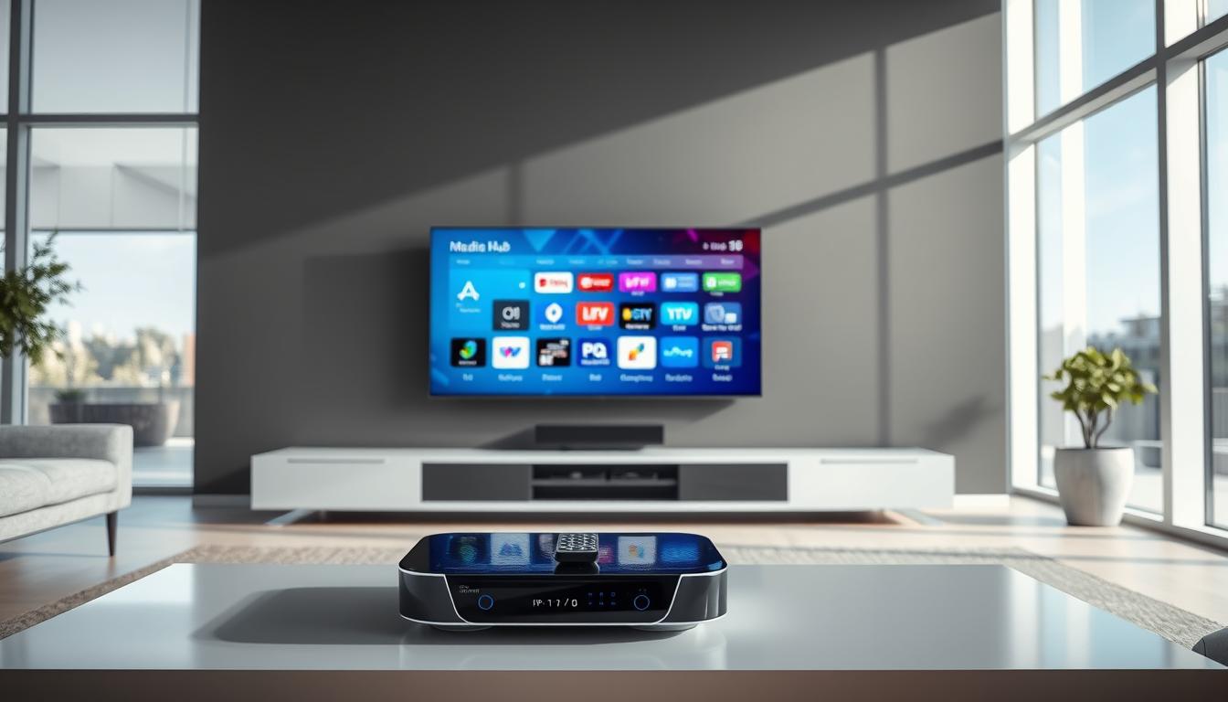 A modern, sleek living room with a large, flatscreen television mounted on the wall. In the foreground, a futuristic media hub and streaming device, its digital interface glowing with colorful icons and symbols representing the various IPTV channels and services. The middle ground features a minimalist coffee table with a remote control, while the background showcases floor-to-ceiling windows, allowing natural light to pour in and illuminate the scene. The overall atmosphere conveys a sense of technological sophistication and the seamless integration of IPTV into the home entertainment experience.