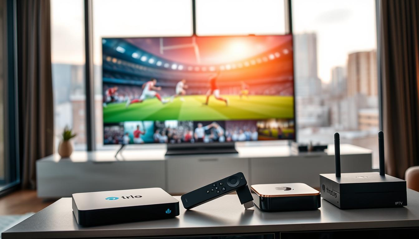 A modern living room setting with a large flatscreen TV mounted on the wall. In the foreground, various IPTV streaming devices are arranged neatly on a sleek media cabinet - a state-of-the-art Android TV box, a high-end streaming stick, and a compact IPTV set-top box. The devices are backlit by a soft, warm glow, creating an inviting atmosphere. In the middle ground, sports highlights and game footage are displayed on the TV screen, hinting at the potential for live sports streaming. The background features large windows overlooking a city skyline, suggesting a contemporary urban setting ideal for IPTV consumption. The overall scene conveys the convenience and flexibility of IPTV as a sports streaming solution.