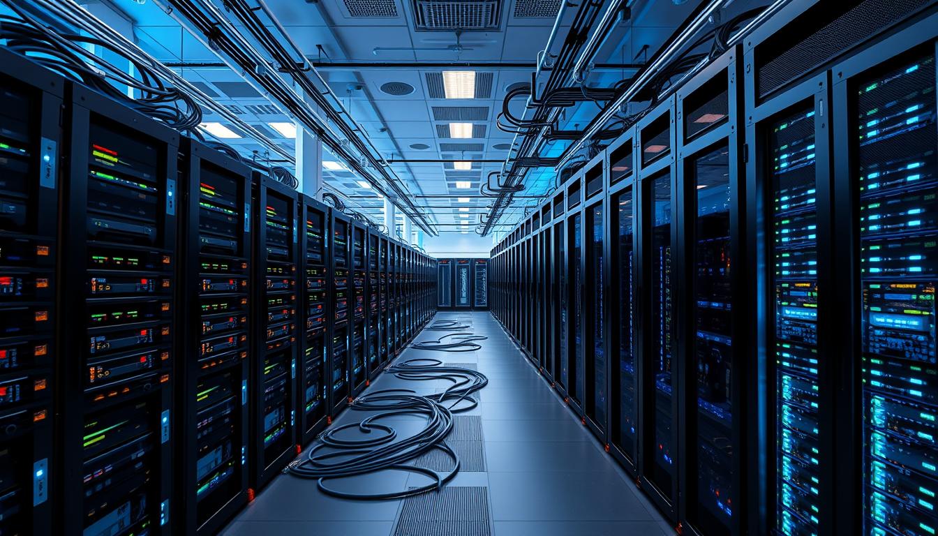 A sleek, modern data center filled with IPTV servers and network equipment. The foreground features a series of racks housing high-performance computing hardware, their LED indicator lights blinking rhythmically. In the middle ground, network cables and fiber optic lines snake across the floor, converging at a central hub. The background depicts a panoramic view of the data center, with tall ceilings, cool blue lighting, and a sense of technological sophistication. The overall atmosphere conveys the power and complexity of the IPTV infrastructure, ready to deliver seamless, on-demand entertainment experiences.
