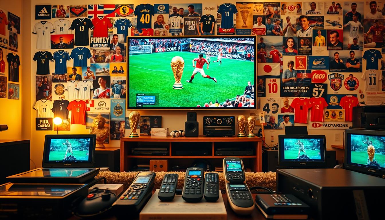 A bustling scene of the evolving FIFA World Cup broadcasting landscape. In the foreground, various streaming devices and platforms are prominently displayed, showcasing the modern, digital methods of accessing the matches. The middle ground features a large, high-definition television screen displaying a live World Cup match, surrounded by an array of remote controls and other viewing accessories. In the background, a collage of past World Cup memorabilia, such as jerseys, trophies, and iconic moments, creates a sense of the tournament's rich history and tradition. The lighting is warm and inviting, capturing the excitement and anticipation of the global event. The overall composition conveys the seamless integration of traditional and contemporary World Cup viewing experiences.