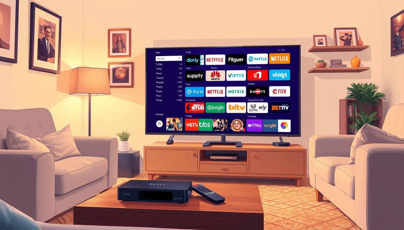 Detailed illustration of a cozy living room setup with a large flatscreen TV displaying a diverse array of popular UK IPTV channels. The room is bathed in warm, soft lighting, creating a relaxing atmosphere. In the foreground, a sleek streaming device and remote control rest on a minimalist wooden coffee table. The middle ground features a comfortable sofa and armchair, inviting the viewer to sit back and enjoy the entertainment. In the background, the walls are adorned with framed art and shelves displaying various home decor elements. The overall scene conveys the benefits of an IPTV subscription service for UK viewers, offering a seamless and immersive television experience from the comfort of their own living space.