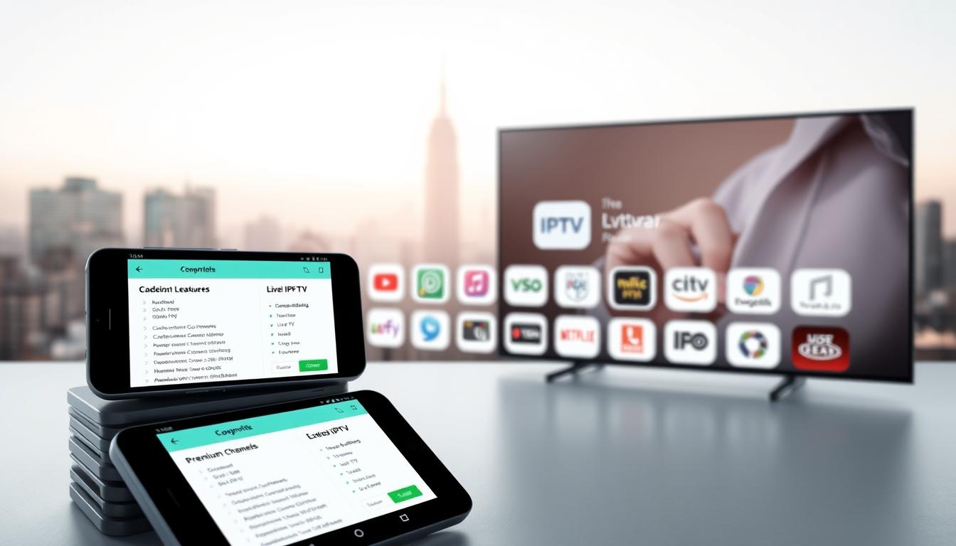 A sleek, minimalist layout showcasing various IPTV subscription plans for Android devices. In the foreground, a stack of smartphone screens displaying plan details and pricing, with a clean, modern interface. In the middle ground, an array of icons representing IPTV features like live TV, on-demand content, and premium channels. The background features a subtle, blurred cityscape, conveying a sense of urban sophistication. The lighting is soft and directional, creating depth and highlighting the key elements. The overall atmosphere is professional, informative, and visually appealing, reflecting the essential details of IPTV subscription options for Android users.