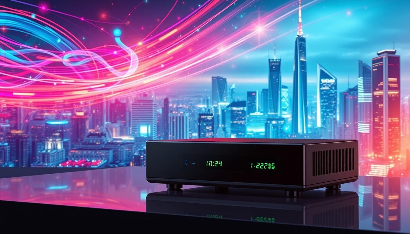 A futuristic, high-tech scene of IPTV technology. In the foreground, a sleek, modern set-top box sits atop a glossy surface, its LED indicators pulsing with data. In the middle ground, colorful, abstract data visualizations swirl and flow, representing the vast networks and infrastructure that power IPTV. In the background, a towering, hyperrealistic city skyline stretches out, its skyscrapers and towers glowing with a warm, ambient light, suggesting the global reach and connectivity of IPTV. The overall scene conveys a sense of innovation, technological advancement, and the vast potential of IPTV to transform how we consume and experience media.