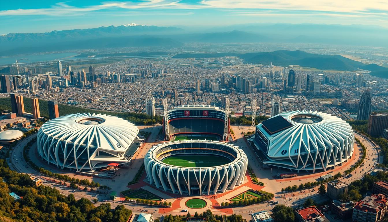 A sweeping panoramic view of the 2026 FIFA World Cup host stadiums, captured in a sleek, cinematic style. The foreground showcases the distinctive architectural designs of the modern stadiums, with clean lines, bold colors, and innovative roof structures that evoke a sense of technological prowess and global connectivity. The middle ground features the bustling stadiums surrounded by vibrant cityscapes, with towering skyscrapers, lush parks, and pedestrian-friendly plazas that create a dynamic, cosmopolitan atmosphere. The background is dominated by breathtaking landscapes, such as majestic mountain ranges, shimmering coastal vistas, or sprawling urban skylines, reflecting the diverse and awe-inspiring environments that will host the world's most prestigious football tournament. The lighting is warm and golden, creating a sense of optimism and excitement, while the camera angle and lens choices emphasize the grand scale and architectural grandeur of the 2026 FIFA World Cup venues.