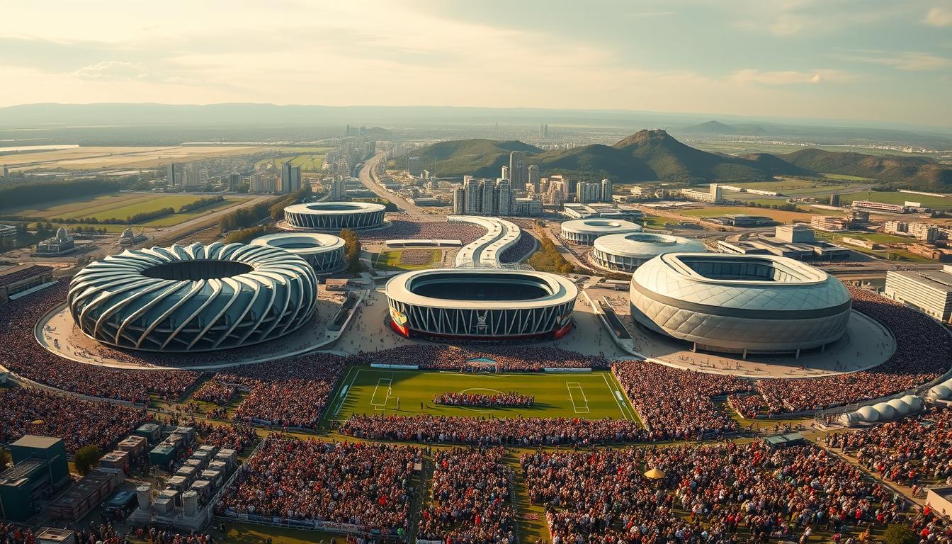 A vast, sweeping panorama of the 2026 FIFA World Cup stadiums, captured in a cinematic style. In the foreground, the modern, state-of-the-art arenas stand tall, their sleek designs and vibrant colors reflecting the excitement of the global event. In the middle ground, crowds of enthusiastic fans gather, their energy and anticipation palpable. The background showcases the diverse landscapes and cityscapes that will host the matches, from bustling metropolises to picturesque natural settings. The image is bathed in warm, golden light, creating a sense of energy and celebration, evoking the spirit of the world's most prestigious soccer tournament.