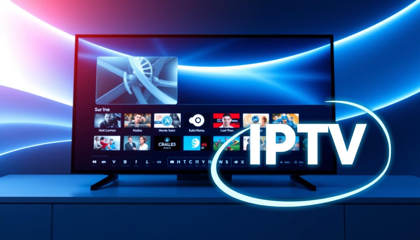 A high-tech control panel displaying various IPTV streaming options, set against a sleek, modern background. The panel features intuitive touch controls, crisp digital displays, and a minimalist aesthetic. Soft blue and white lighting casts an ethereal glow, emphasizing the advanced nature of IPTV technology. In the foreground, a stylized IPTV logo hovers, its abstract design conveying the seamless integration of television and internet-based content. The overall scene suggests the convenience, flexibility, and cutting-edge capabilities of IPTV for the modern viewer.