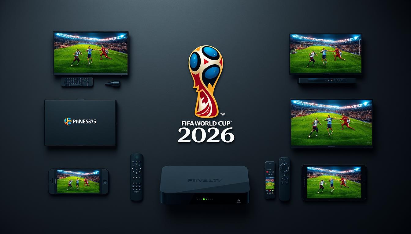 A stylish, minimalistic flat-lay image showcasing various IPTV streaming devices and services against a sleek, dark background. The center of the composition features a prominent FIFA World Cup 2026 logo, rendered in a glossy, metallic finish. Surrounding the logo are several high-end IPTV set-top boxes, remote controls, and mobile devices, each displaying vibrant soccer match footage. The overall mood is one of sophistication and technological prowess, conveying the idea of an immersive, premium FIFA World Cup 2026 viewing experience.
