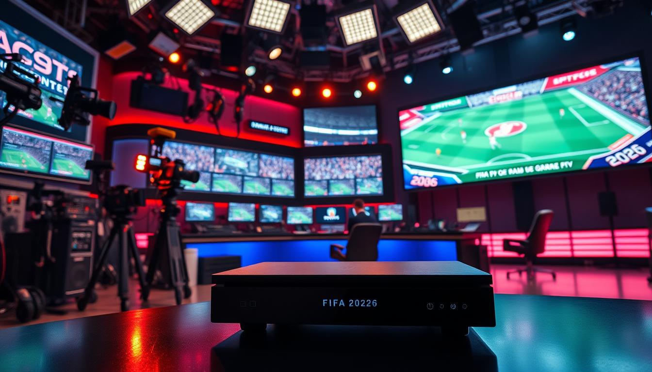 A vibrant, cinematic broadcast studio filled with an array of cameras, monitors, and technical equipment. In the foreground, a sleek, modern IPTV set-top box sits prominently, representing the future of sports viewing. The middle ground features a large broadcast desk with an array of professional-grade video feeds and control panels, hinting at the complexity of traditional TV production. In the background, a giant LED video wall displays a lively FIFA 2026 match, adding depth and energy to the scene. Dramatic studio lighting casts shadows and highlights the various components, creating a high-tech, visually striking atmosphere that conveys the contrast between traditional broadcasting and the emerging IPTV landscape.