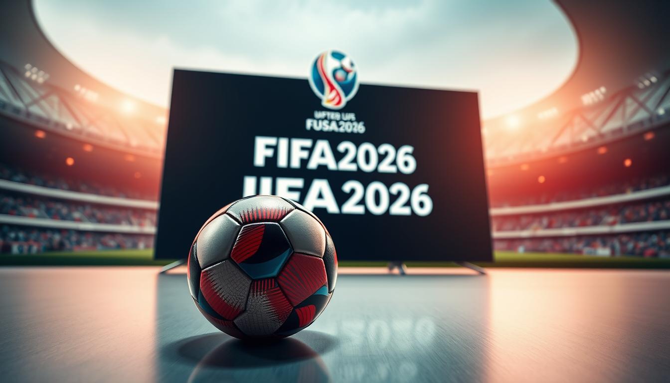 A dynamic, eye-catching image showcasing an "Exclusive IPTV offer for FIFA2026". In the foreground, a soccer ball rests on a sleek, metallic surface, its vibrant colors drawing the viewer's attention. Behind it, a large, curved display screen presents the IPTV offer, the text and graphics artfully arranged to convey a sense of exclusivity and importance. The background features a softly blurred stadium scene, with the iconic FIFA2026 logo prominently displayed, instilling a sense of excitement and anticipation for the upcoming tournament. The lighting is balanced, with a warm, inviting glow that enhances the overall aesthetic. The composition is well-structured, leading the eye seamlessly through the various elements and creating a visually striking and impactful image.