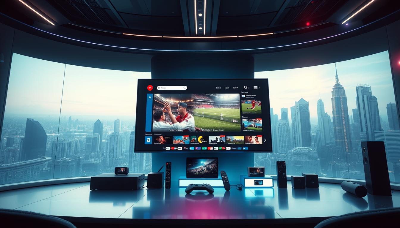 A futuristic sports streaming hub set against a sleek, minimalist backdrop. In the foreground, a high-tech IPTV interface showcases live matches and on-demand content, bathed in a soft, ambient glow. The middle ground features a variety of smart devices and remotes, hinting at the seamless, cross-platform experience. In the background, a panoramic city skyline with towering skyscrapers and neon accents evokes a sense of urban sophistication. Subtle lens flares and a cool color palette create an immersive, cinematic atmosphere, emphasizing the cutting-edge technology and global reach of IPTV for sports streaming.