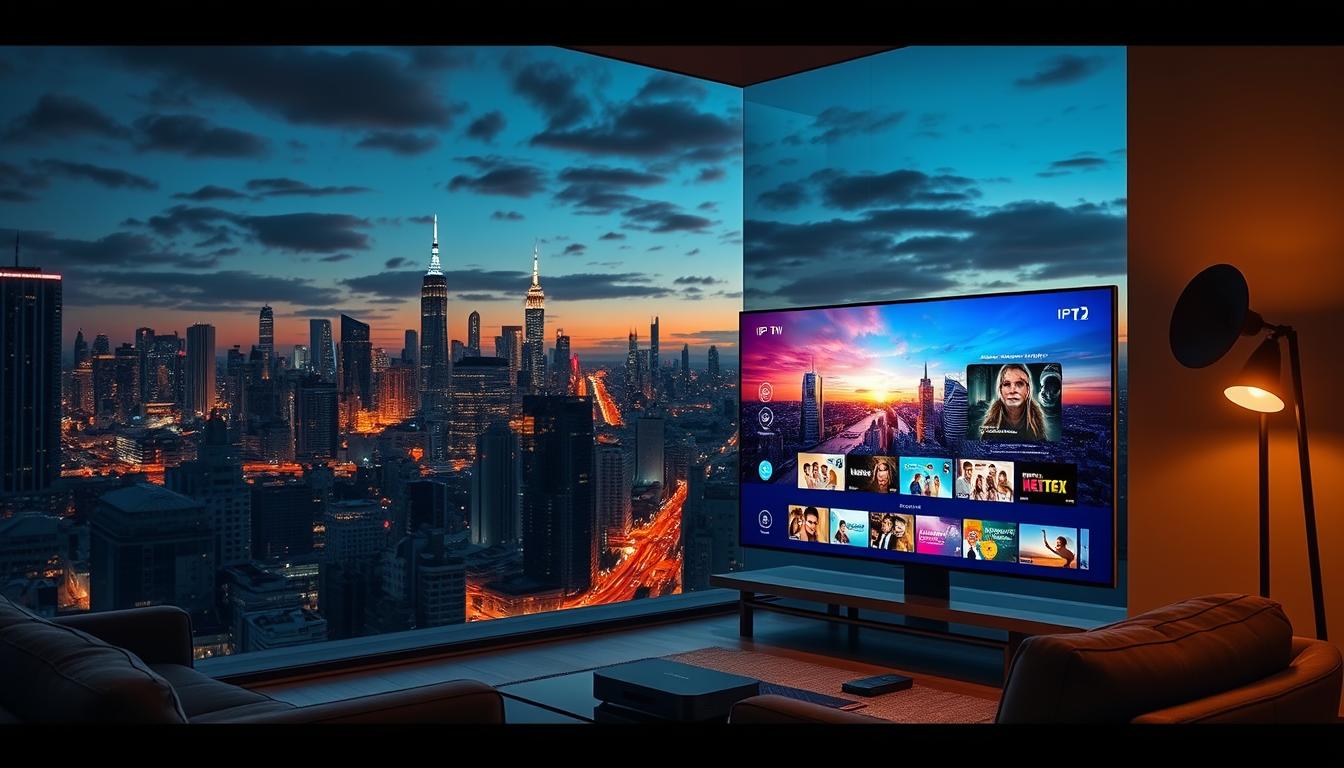 A sprawling cityscape at dusk, with towering skyscrapers and bustling streets. In the foreground, a sleek, modern living room setup, complete with a large flatscreen TV, a streaming device, and a cozy armchair. The room is bathed in a warm, inviting glow, and the TV screen displays a vibrant, immersive IPTV interface, showcasing a diverse array of content options. In the background, a network of cables and satellite dishes suggest the technological infrastructure that powers this new era of television. The overall scene conveys a sense of progress, connectivity, and the seamless integration of digital media into everyday life.