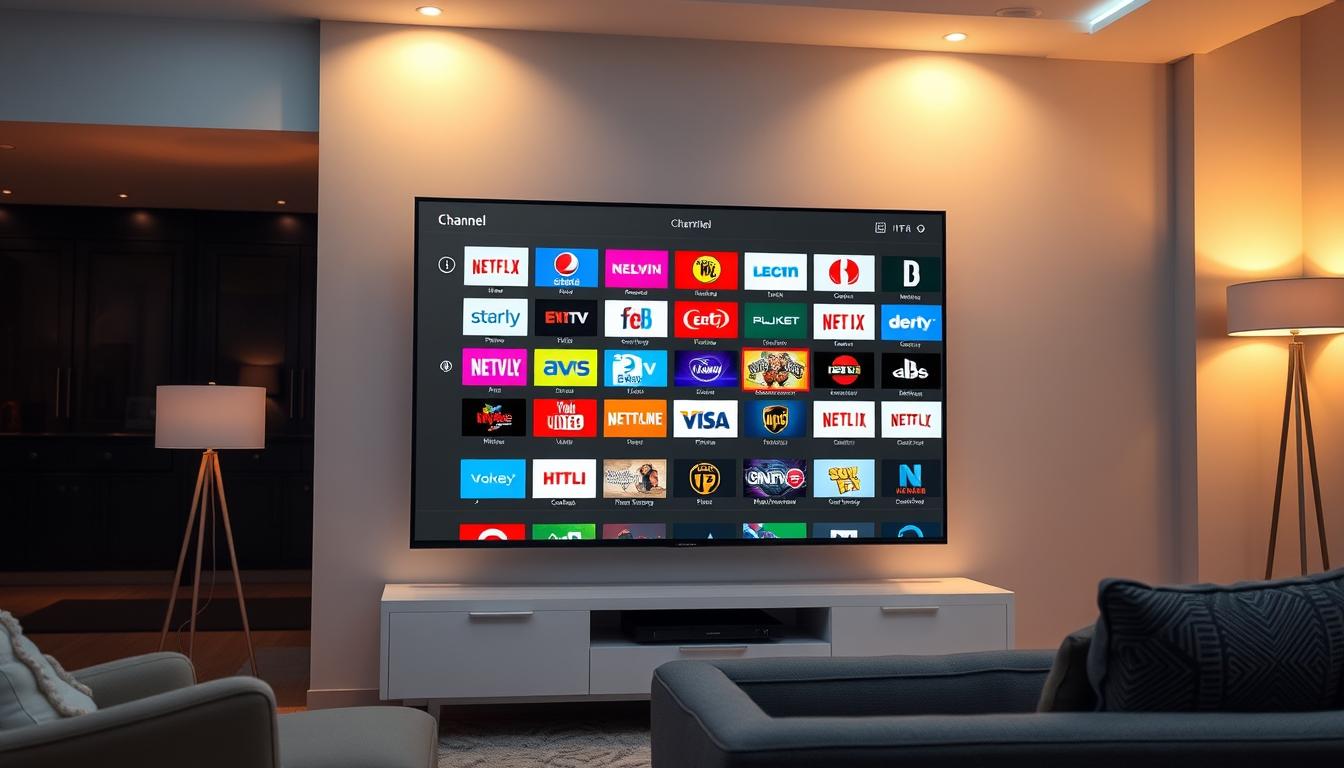 An IPTV channel selection screen on a high-definition television display, set against a sleek and modern living room interior. The viewer is presented with a grid of colorful channel icons, organized neatly with clear categorization. Vibrant and dynamic colors draw the eye, while the overall layout conveys a sense of effortless navigation and a wide range of entertainment options. Soft, warm lighting from table lamps and floor fixtures creates a cozy, inviting atmosphere, complementing the high-tech aesthetic. The television itself is mounted on a minimalist media console, blending seamlessly into the contemporary decor. The scene evokes the convenience and expansive content selection offered by an IPTV subscription in Canada.