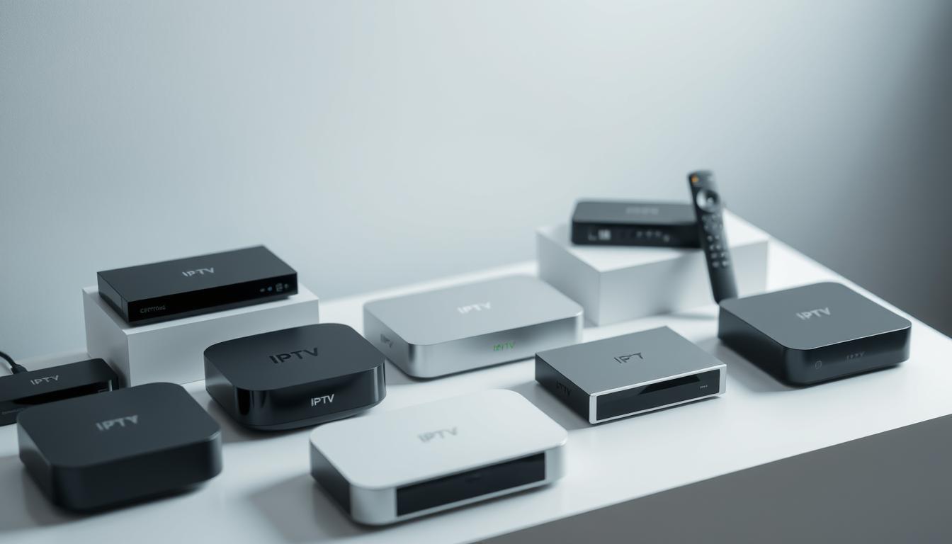 A high-angle shot of an array of modern IPTV devices neatly arranged on a minimalist white surface. The devices feature sleek, minimalist designs in black, silver, and white tones, with clean lines and intuitive interfaces. The scene is bathed in soft, diffused lighting, accentuating the premium, high-tech aesthetic. In the background, a blurred, gradient-based backdrop in soothing hues of blue and gray creates a sense of depth and visual interest, complementing the streamlined devices. The overall composition conveys the benefits of IPTV streaming services, such as convenience, versatility, and a seamless entertainment experience.
