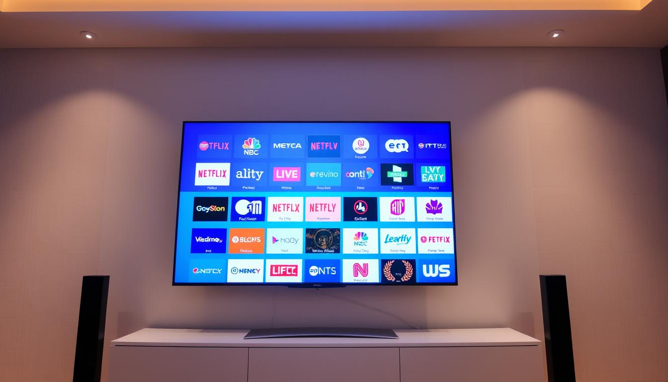 A well-lit interior with a sleek, modern television displaying a diverse array of IPTV channel options. The screen showcases a vibrant, high-definition interface featuring a grid of channel logos, program titles, and thumbnails. The television is positioned on a minimalist entertainment unit with clean lines and a neutral color palette, creating a stylish and inviting atmosphere. The lighting is soft and warm, highlighting the clarity and detail of the on-screen content. The overall scene conveys the seamless and immersive viewing experience offered by a leading IPTV provider.