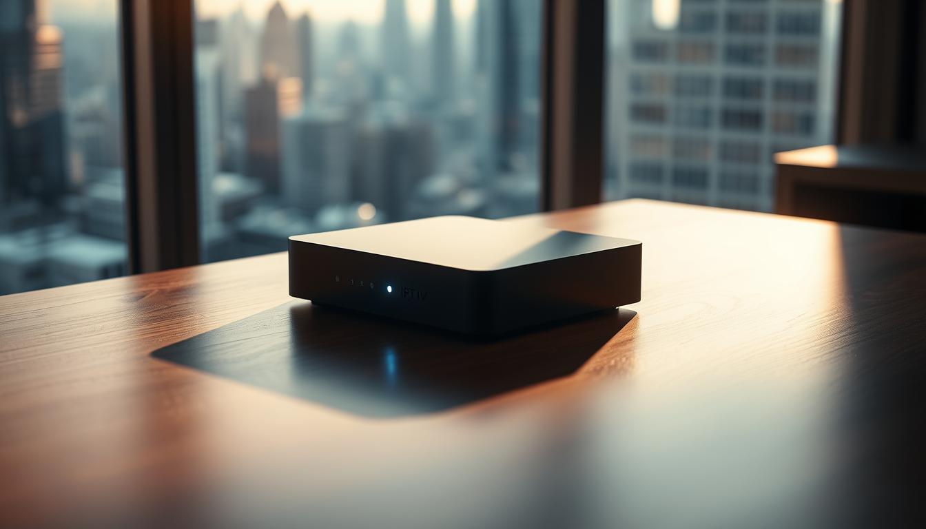 A high-tech IPTV box resting on a sleek, dark wooden table, casting soft shadows. The box has a modern, minimalist design with clean lines and a subtle indicator light. In the background, a blurred city skyline fills the window, conveying a sense of urban connectivity. Warm, directional lighting illuminates the scene, creating a cozy and inviting atmosphere. The overall composition emphasizes the box's sophisticated features and its role in enabling seamless streaming for the discerning user.