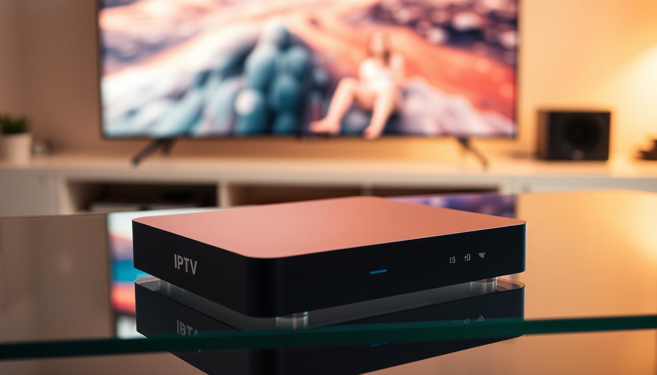 A sleek, modern IPTV box rests on a minimalist glass table, its smooth, rectangular form casting a soft shadow. The device's matte black exterior is highlighted by subtle LED indicators, conveying a sense of high-tech sophistication. In the background, a large, high-definition television screen displays vibrant, immersive content, showcasing the box's streaming capabilities. Warm, directional lighting illuminates the scene, creating a cozy, inviting atmosphere that emphasizes the convenience and entertainment potential of IPTV technology. The overall composition exudes a balance of simplicity and technological prowess, reflecting the key benefits of IPTV streaming services.