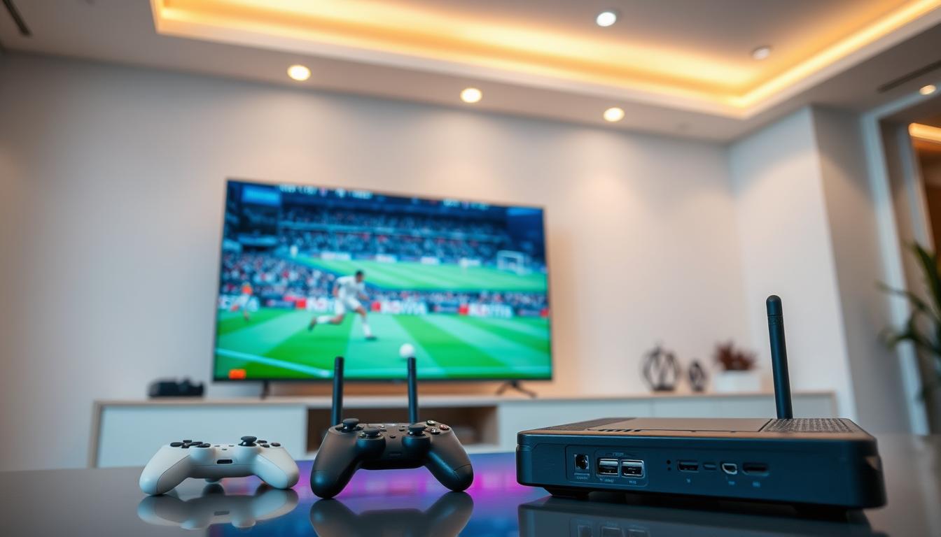 An indoor scene showcasing a modern IPTV setup for sports streaming. In the foreground, a sleek smart TV displays a live soccer match, its vibrant colors and sharp resolution capturing the excitement of the game. Beside it, a compact set-top box with various input/output ports stands ready to deliver high-quality IPTV content. In the middle ground, a wireless gaming controller and a remote control suggest seamless user interaction. The background features a minimalist entertainment center, its clean lines and neutral tones creating a sense of sophistication. Warm, indirect lighting from recessed ceiling fixtures illuminates the scene, evoking a comfortable, tech-savvy atmosphere perfect for immersive sports viewing.