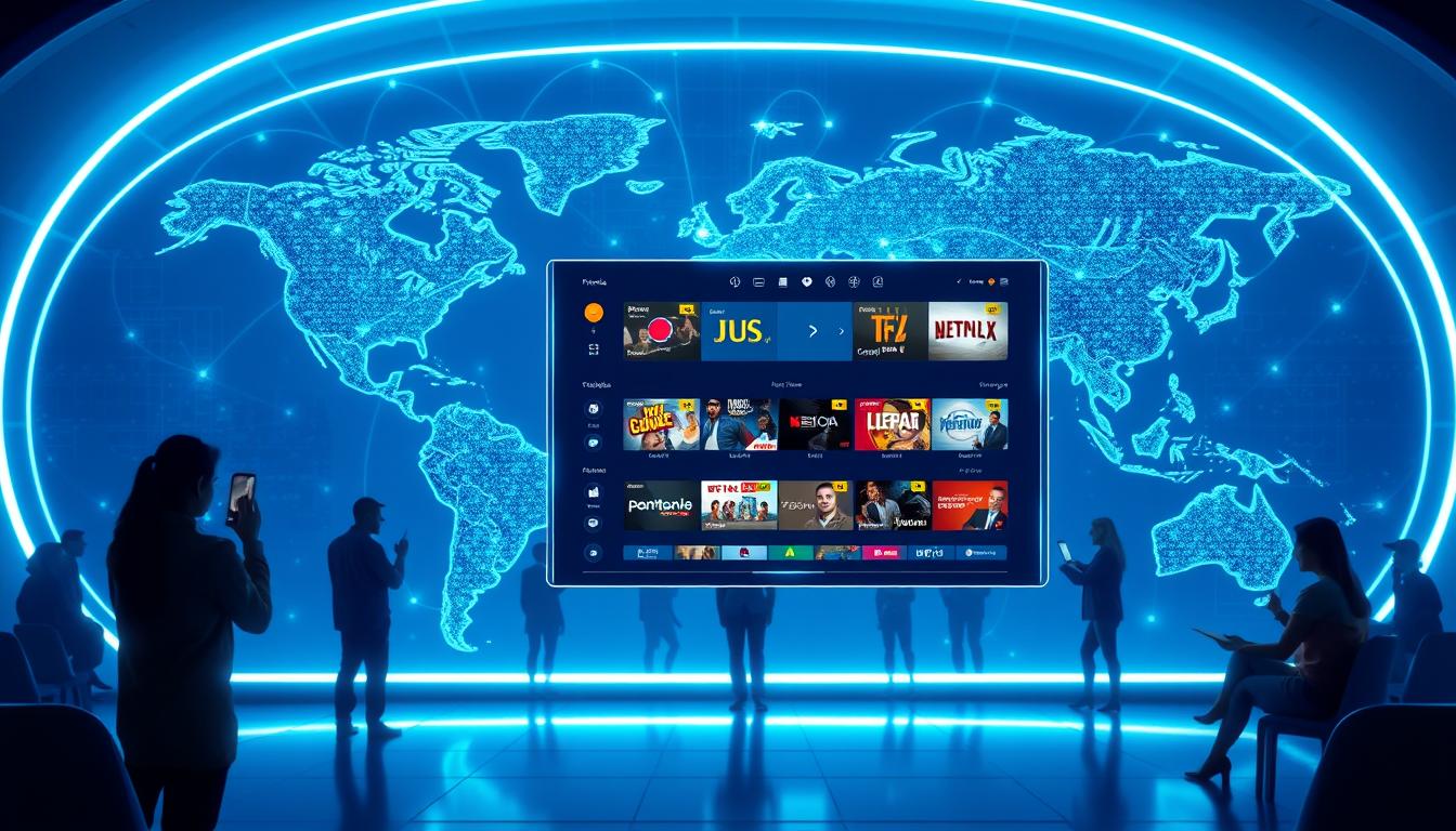 A futuristic global IPTV network, with a sleek, holographic interface showcasing various international TV channels and streaming content. The scene is illuminated by cool, blue-toned lighting, creating a high-tech, immersive atmosphere. In the foreground, a floating, transparent display panel presents the user interface, with intuitive controls and vivid, high-definition channel previews. The middle ground features silhouettes of users accessing the service on a range of devices, including smartphones, tablets, and smart TVs. In the background, a stylized world map pulses with connectivity, representing the global reach and accessibility of the IPTV platform.