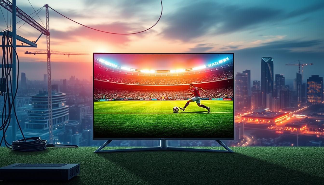 A striking illustration of IPTV streaming technology for sports viewing. In the foreground, a sleek smart TV displays a vibrant football match, its screen bathed in warm, cinematic lighting. Behind it, a network of cables and devices suggests the robust infrastructure powering the live stream, conveying a sense of high-tech, reliable connectivity. In the background, a subtle cityscape hints at the global reach of this technology, enabling fans worldwide to access the action. The overall scene exudes a mood of immersive, high-quality sports entertainment, seamlessly delivered through modern IPTV solutions.