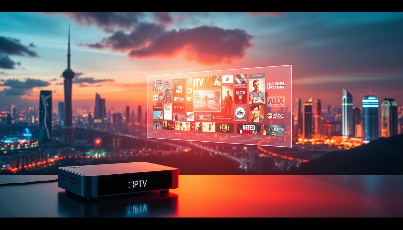 A futuristic landscape depicting the evolution of IPTV technology. In the foreground, a sleek, minimalist IPTV set-top box with a glowing display, symbolizing the advancements in hardware design. In the middle ground, a holographic projection showcases a diverse array of streaming content, from live TV to on-demand movies, illustrating the exponential growth of IPTV's content library. In the background, a city skyline with towering skyscrapers and a vibrant, neon-lit cityscape, representing the widespread adoption and integration of IPTV into modern urban living. The scene is illuminated by a warm, ambient lighting, conveying a sense of progress, innovation, and the seamless integration of IPTV into the fabric of everyday life.