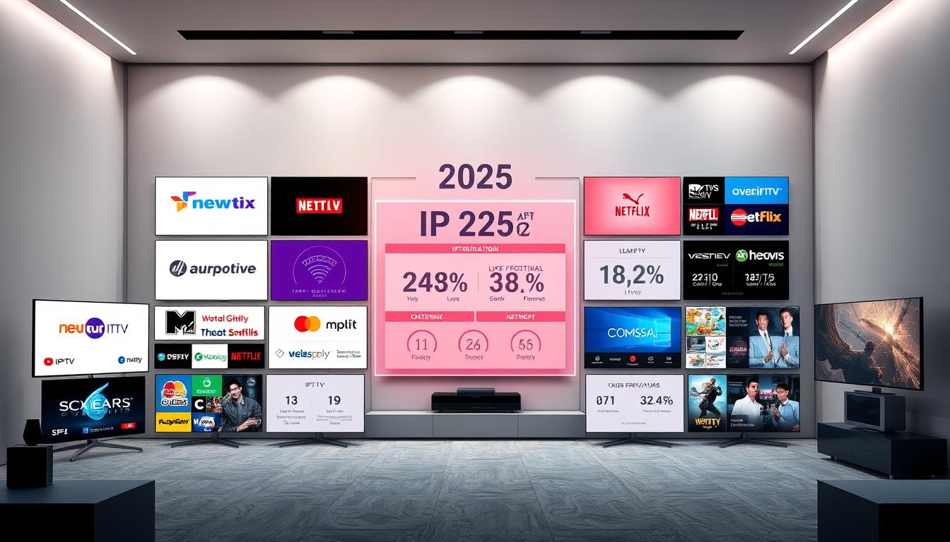 A vibrant and informative comparison of prominent IPTV streaming services in 2025, showcased against a sleek, modern backdrop. In the foreground, a grid-like arrangement of TV screens displays the logos and UI of leading IPTV platforms, each presenting a unique mix of live channels, on-demand content, and advanced features. The middle ground features a dynamic visualization of data and statistics, highlighting the key differentiators between IPTV and traditional cable/satellite TV, as well as other streaming services. The background is a minimalist, high-tech environment with clean lines, neutral tones, and subtle lighting that reinforces the theme of cutting-edge technology and innovation. The overall composition conveys a sense of authority, clarity, and the future of the IPTV landscape.