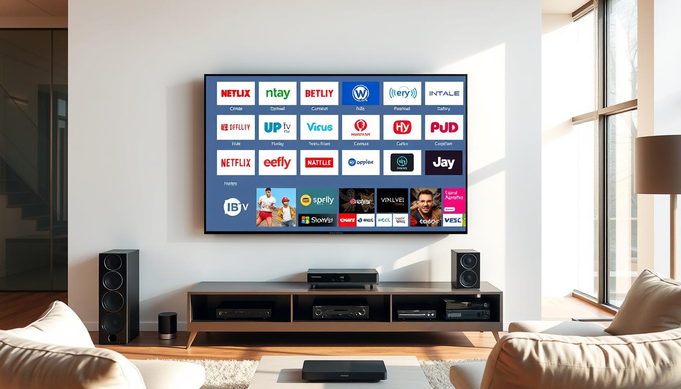 A modern living room with a large flat-screen TV mounted on the wall. The TV display shows various IPTV service logos and interface elements, including channel icons, program listings, and video playback controls. The room is brightly lit by natural sunlight streaming through large windows, casting a warm, inviting glow. A sleek, minimalist entertainment system sits below the TV, housing various streaming devices and a high-quality sound system. A comfortable couch and lounge chairs invite viewers to sit back and enjoy the revolutionary content streaming experience provided by these IPTV services.