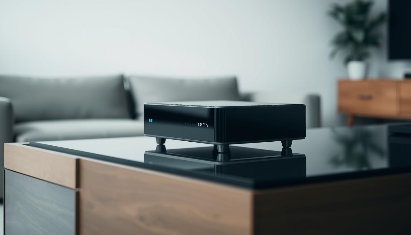 A sleek, modern IPTV box stands prominently on a minimalist wood-and-glass entertainment console. The device's clean, rectangular design features a glossy black exterior and strategically placed LED indicators. Soft, directional lighting illuminates the box, casting subtle shadows that accentuate its refined aesthetic. In the background, a neutral, out-of-focus living room setting provides a subtle, uncluttered backdrop, allowing the IPTV box to be the focal point. The overall atmosphere conveys a sense of simplicity, technology, and sophisticated home entertainment.