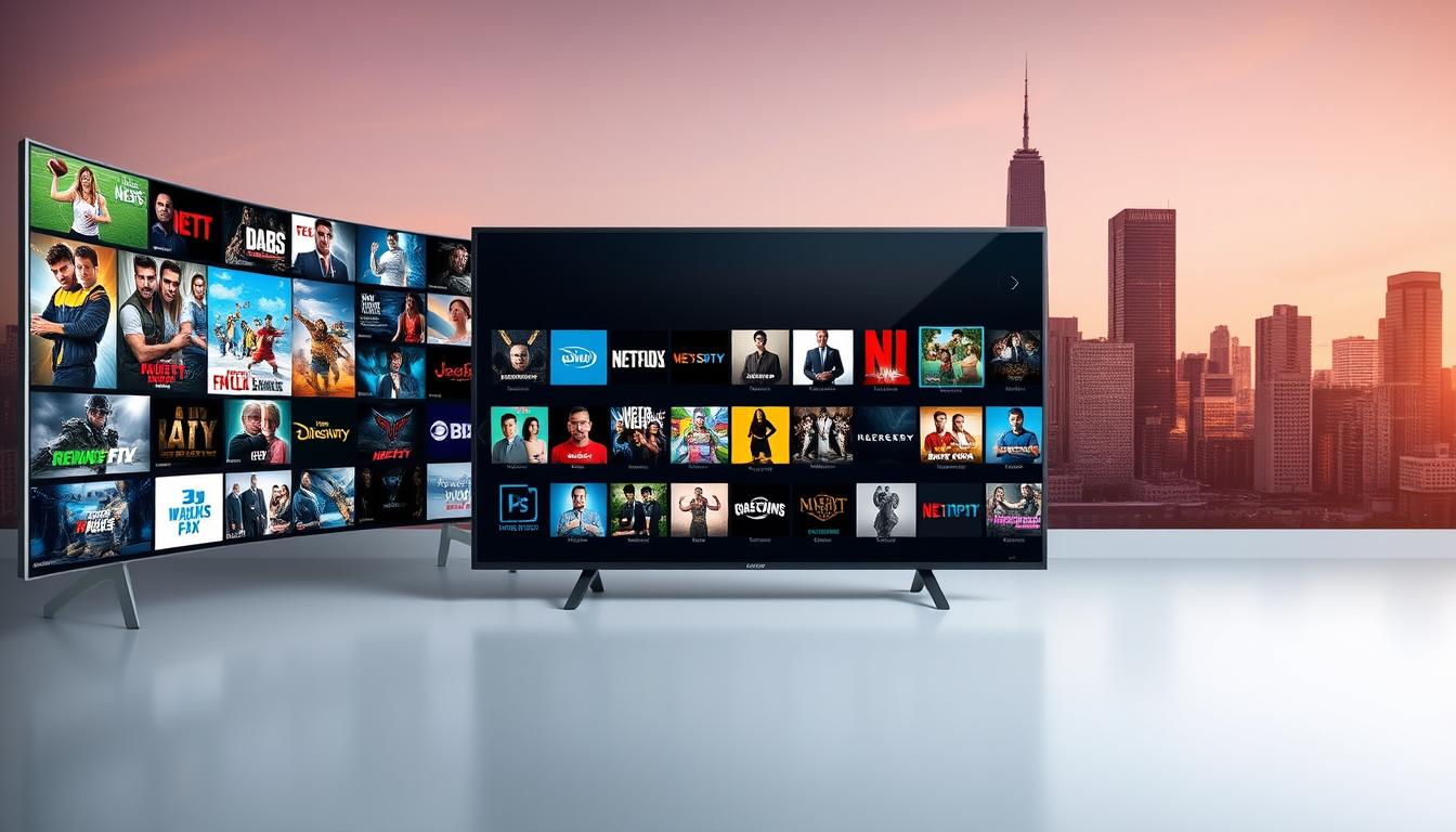 A vast array of IPTV content options displayed in a sleek, modern composition. In the foreground, a selection of popular live TV channels, from news and sports to movies and entertainment, rendered with vivid clarity. In the middle ground, a grid of streaming app icons representing a diverse range of on-demand content, from the latest blockbusters to classic films and TV shows. In the background, a minimalist cityscape backdrop, bathed in warm, cinematic lighting, conveying a sense of urban sophistication. The overall scene evokes the seamless integration of live and on-demand entertainment available through a comprehensive IPTV subscription service.