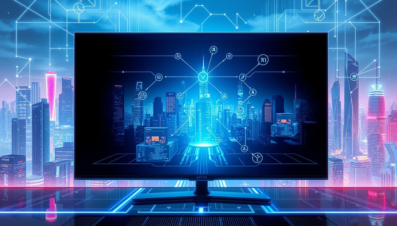 A futuristic digital landscape showcasing the cutting-edge technology of IPTV. In the foreground, a sleek, modern television set displaying crisp, high-definition content, surrounded by a minimalist, stylized user interface. In the middle ground, a network of interconnected devices and servers, representing the seamless streaming infrastructure that powers IPTV. The background features a cityscape of skyscrapers and futuristic architecture, bathed in a cool, neon-infused lighting scheme, symbolizing the urban, tech-savvy environment where IPTV thrives. The overall composition conveys the advanced, innovative, and accessible nature of IPTV technology.