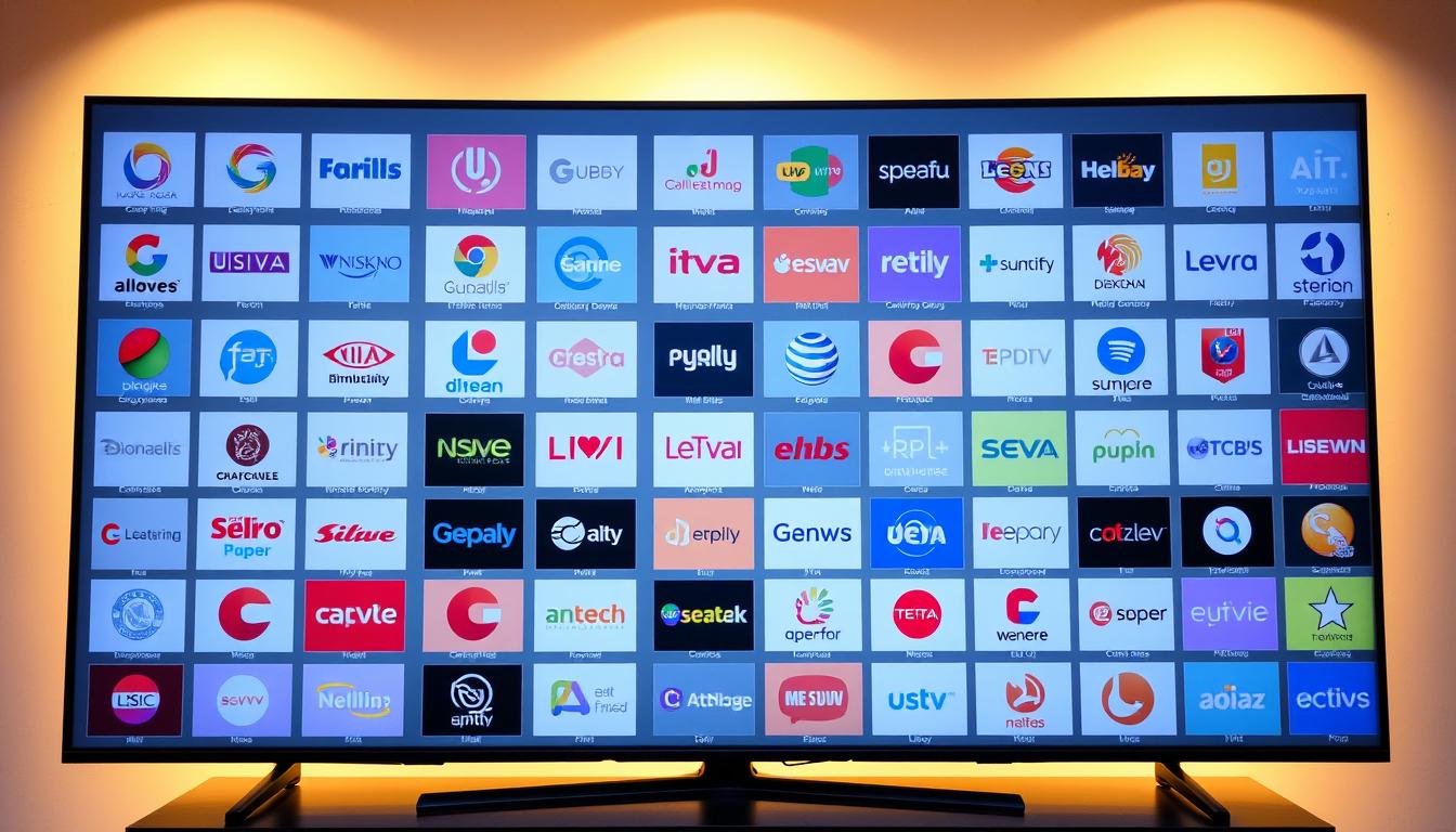 A large TV display showcases a diverse array of international IPTV channel logos, spanning various genres and regions. The channels are arranged in a grid, with clear and vibrant graphics. The background is a soft, muted gray to emphasize the channels. Warm, directional lighting illuminates the display, creating depth and highlighting the individual channel branding. The composition is balanced, with a clean and professional aesthetic, conveying the global reach and comprehensive nature of the IPTV platform.