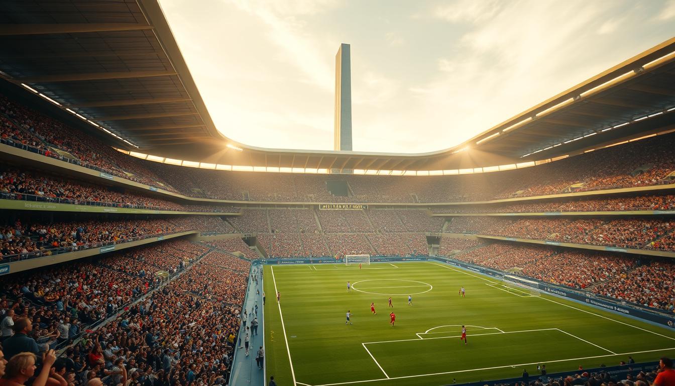 An immersive FIFA World Cup 2026 stadium scene, captured with a wide-angle cinematic lens. The foreground features a large, vibrant crowd of spectators in the stands, their faces alight with excitement as they cheer on their teams. The middle ground showcases the lush, meticulously manicured playing field, with players in their national uniforms engaged in a tense and fast-paced match. In the background, the iconic architecture of the modern North American stadium rises, its sleek lines and towering presence creating a sense of grandeur and global spectacle. Warm, golden lighting filters through the venue, casting a radiant glow and heightening the atmospheric tension of the event. The overall composition conveys the scale, energy, and unifying spirit of the 2026 FIFA World Cup, a historic moment for the North American continent.