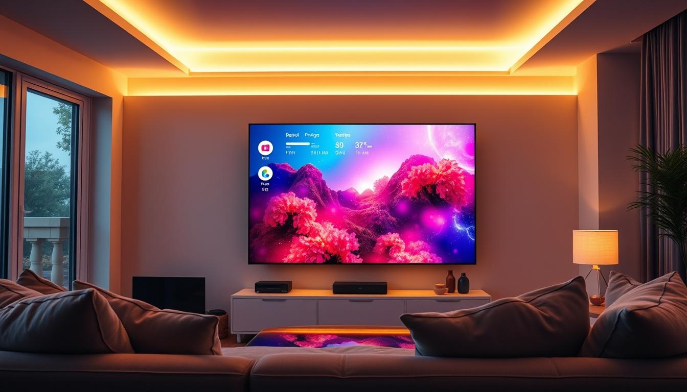 A high-quality IPTV streaming experience, with a sleek and modern user interface projected onto a large screen television. The scene depicts a living room setting, with plush, comfortable furniture and warm, ambient lighting. The screen displays a crisp, vibrant image, showcasing sharp details and rich, accurate colors. The overall atmosphere conveys a sense of relaxation and immersion, as the viewer is captivated by the vivid, high-definition content. The composition balances the television screen as the focal point, while incorporating the surrounding environment to create a cohesive, visually appealing scene.