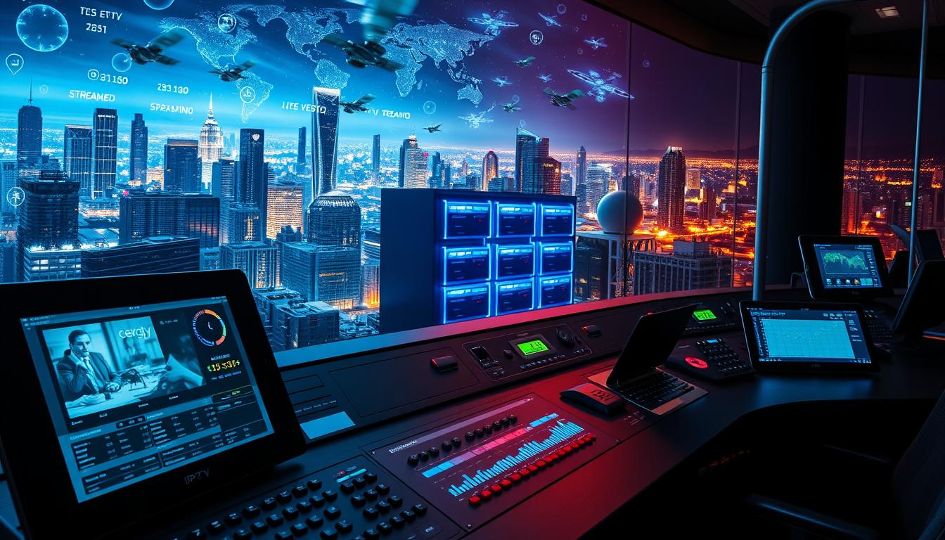 A high-tech control panel with various screens, buttons, and indicators displaying live television feeds, streaming analytics, and network diagnostics. The foreground features a sleek touchscreen interface with user-friendly controls. In the middle ground, a rack of servers and networking equipment casts a cool, blue-tinted glow. The background depicts a futuristic cityscape with skyscrapers and a night sky illuminated by distant satellites, conveying the global reach and advanced infrastructure of IPTV technology. The lighting is dramatic, with a mix of warm and cool tones, creating a sense of technological sophistication and innovation.