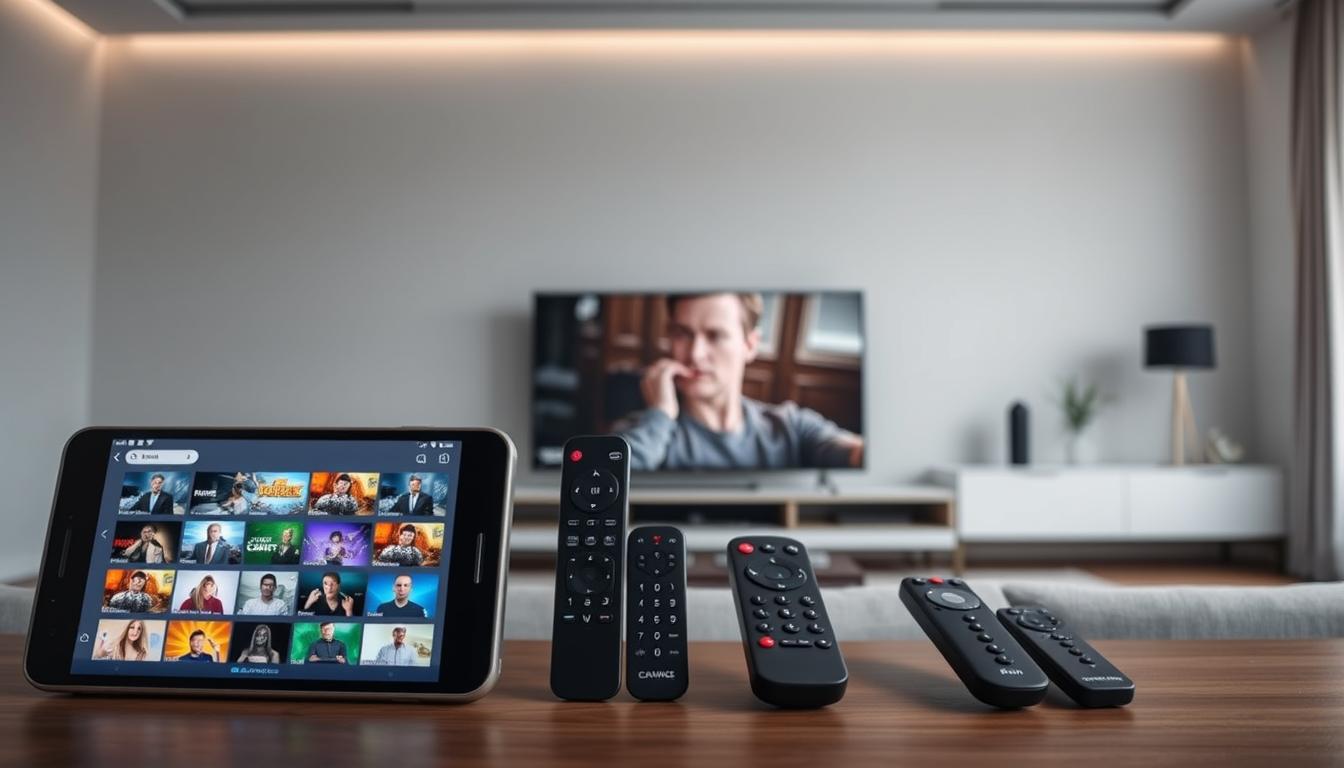 A high-quality IPTV app, shot in a clean, modern style. In the foreground, a sleek mobile device displays the app's user interface, featuring intuitive menus and vibrant video thumbnails. The middle ground showcases a range of smart TV remote controls, highlighting the app's seamless integration with various platforms. In the background, a minimalist living room scene sets the stage, with a large flatscreen TV and subtle lighting, suggesting the app's ability to deliver an immersive home entertainment experience. The overall atmosphere conveys a sense of technological sophistication and user-friendliness, inviting the viewer to envision the IPTV app's critical features for seamless streaming.