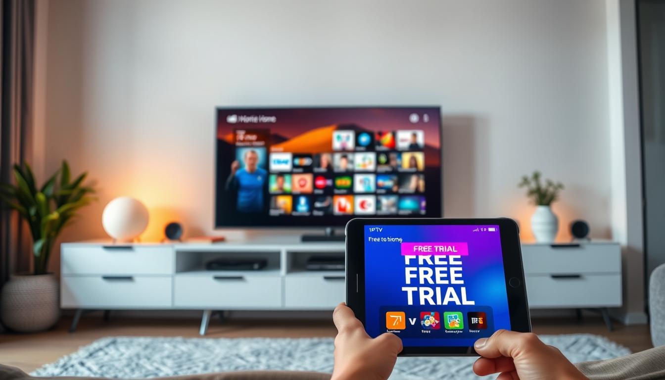 A vibrant and modern home entertainment setup featuring a sleek flat-screen TV, surrounded by a minimalist media console and smart home devices. In the foreground, a tablet or smartphone displays an IPTV app with a "Free Trial" banner, highlighting the accessibility and convenience of premium live TV content. The room is bathed in warm, soft lighting that creates a cozy and inviting atmosphere, reflecting the comfort and enjoyment of an IPTV subscription. The overall scene conveys the idea of effortless access to a wide variety of live TV channels and on-demand content, made possible by the IPTV free trial offer.